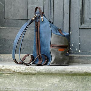 Convertible leather Backpack handmade roomy weekender bag backpack / shoulder bag Navy Blue, Gray, Brown accents handbade by ladybuq studio image 2