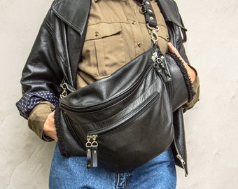 Soft Leather Fanny Pack    Leather Bumbag with hand warmer    Black soft diagonal bag   Multifunctional women's Handbag   Hand Muff  Bum Bag