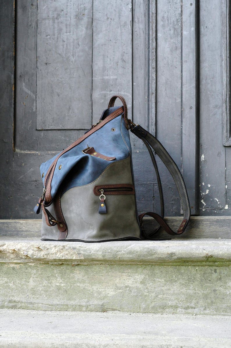 Convertible leather Backpack handmade roomy weekender bag backpack / shoulder bag Navy Blue, Gray, Brown accents handbade by ladybuq studio image 5