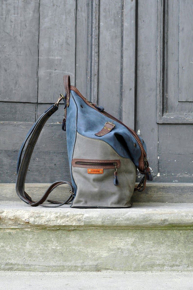 Convertible leather Backpack handmade roomy weekender bag backpack / shoulder bag Navy Blue, Gray, Brown accents handbade by ladybuq studio image 1