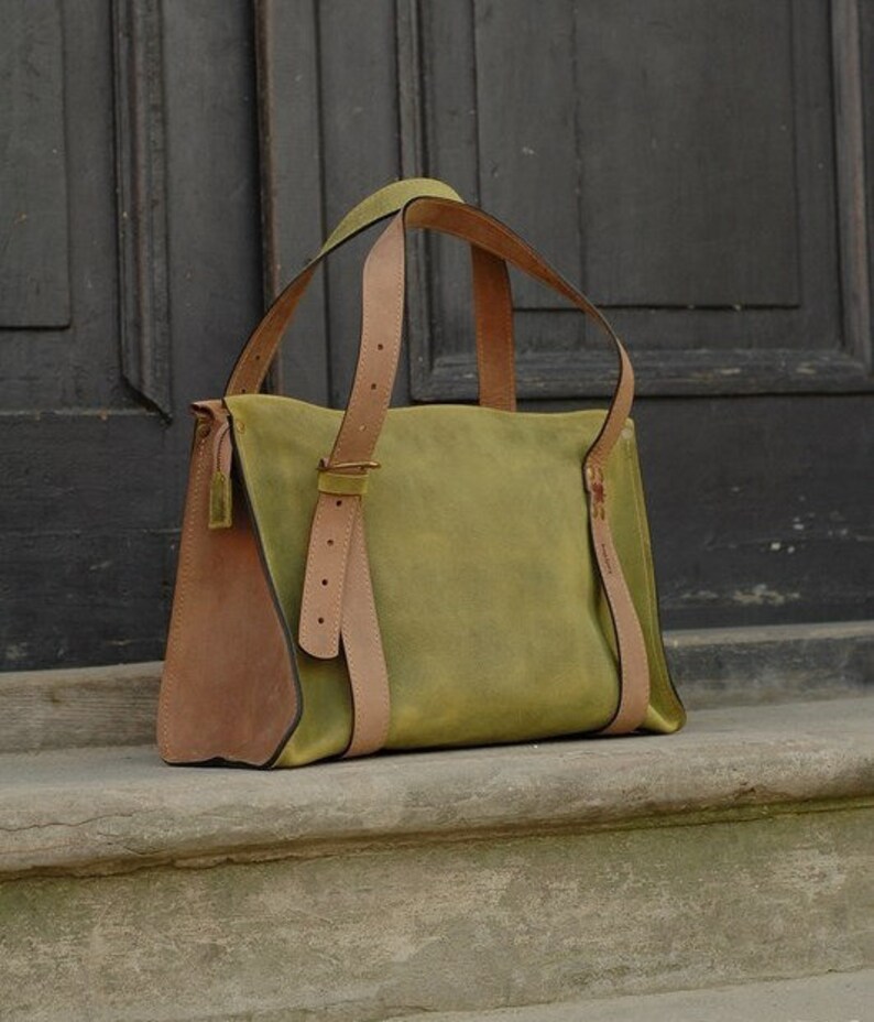 natural leather handmade bag Lili woman bag ladybuq art real leather purse custom leather tote Womens Purse Totes handmade bag original Lime, Light Brown