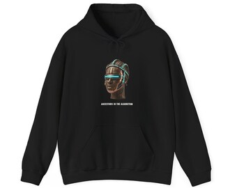 May include: A black hooded sweatshirt featuring a graphic print of a futuristic human head with braided hair and glowing blue visor eyewear. Below the graphic, the text reads ANCESTORS IN THE ALGORITHM in white capital letters.
