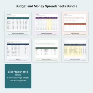 May include: A digital bundle titled Budget and Money Spreadsheets Bundle containing six spreadsheet templates for Excel and Google Sheets. The set includes a monthly budget, biweekly paycheck budget, debt payoff tracker, bill tracker, savings goals tracker, and business expense tracker, totaling 13 files with quick-start guides.
