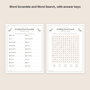 May include: Two printable activity sheets for a bridal shower featuring a Wedding Word Scramble and a Wedding Word Search. Both pages include the text Emma & Daniel May 2027, decorative green leaf accents, and lists of wedding-themed words.