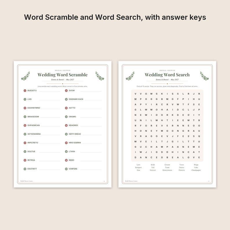 May include: Two printable activity sheets for a bridal shower featuring a Wedding Word Scramble and a Wedding Word Search. Both pages include the text Emma & Daniel May 2027, decorative green leaf accents, and lists of wedding-themed words.