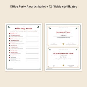 May include: Office Party Awards set including a nomination ballot and 12 fillable certificates. The ballot lists 12 award titles like Spreadsheet Wizard and Coffee Machine's Best Friend. The certificates feature red and green holiday-themed accents.