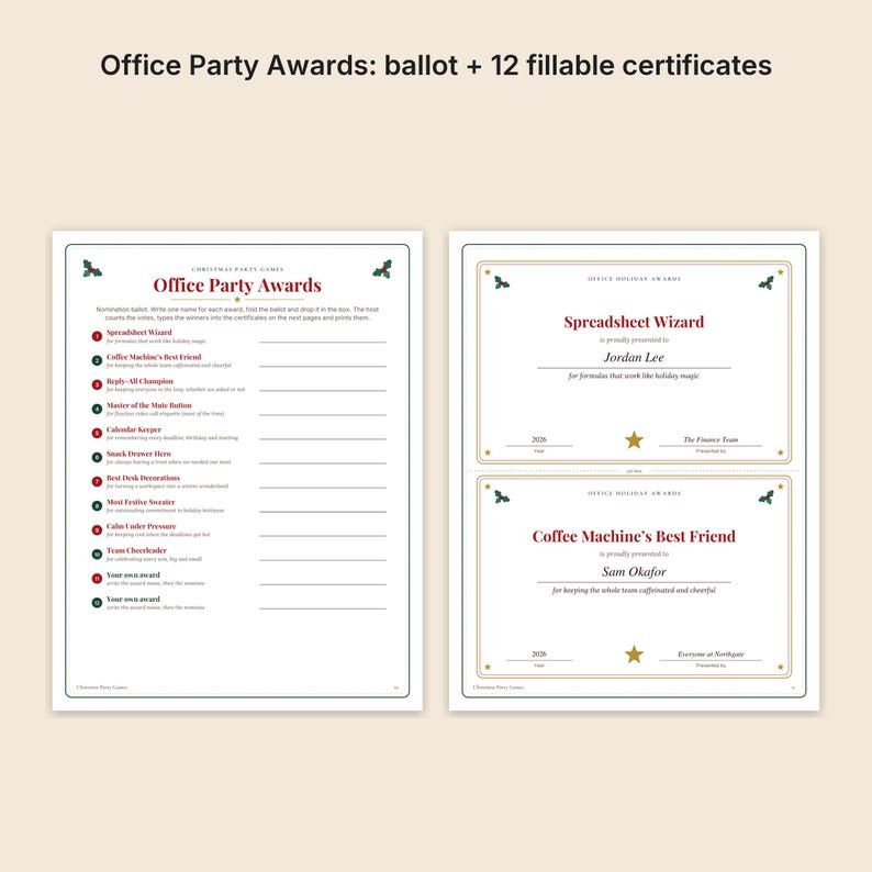 May include: Office Party Awards set including a nomination ballot and 12 fillable certificates. The ballot lists 12 award titles like Spreadsheet Wizard and Coffee Machine's Best Friend. The certificates feature red and green holiday-themed accents.