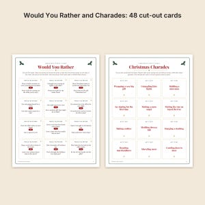 May include: Two printable sheets featuring 48 cut-out cards for Christmas party games. The left sheet contains Would You Rather prompts, while the right sheet lists Christmas Charades actions. Both pages feature red and green text and holly icons.