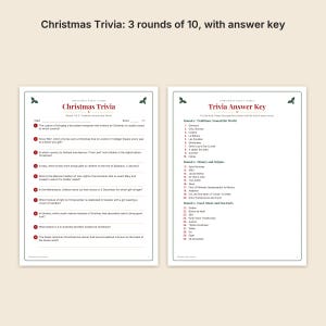 May include: A printable Christmas trivia game set featuring two pages with a festive holly border. The first page contains ten questions about holiday traditions, while the second page provides the corresponding answer key for three rounds of play.
