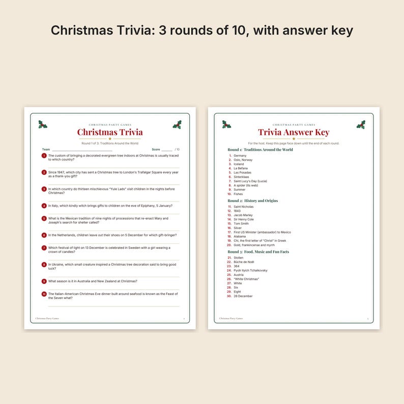 May include: A printable Christmas trivia game set featuring two pages with a festive holly border. The first page contains ten questions about holiday traditions, while the second page provides the corresponding answer key for three rounds of play.