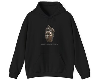 May include: A black hooded sweatshirt featuring a centered graphic of a brown sculpted head wearing a crown. Below the sculpture, the text reads PERFECT GEOMETRY // 1300 AD. The garment includes a front kangaroo pocket and long sleeves with ribbed cuffs.