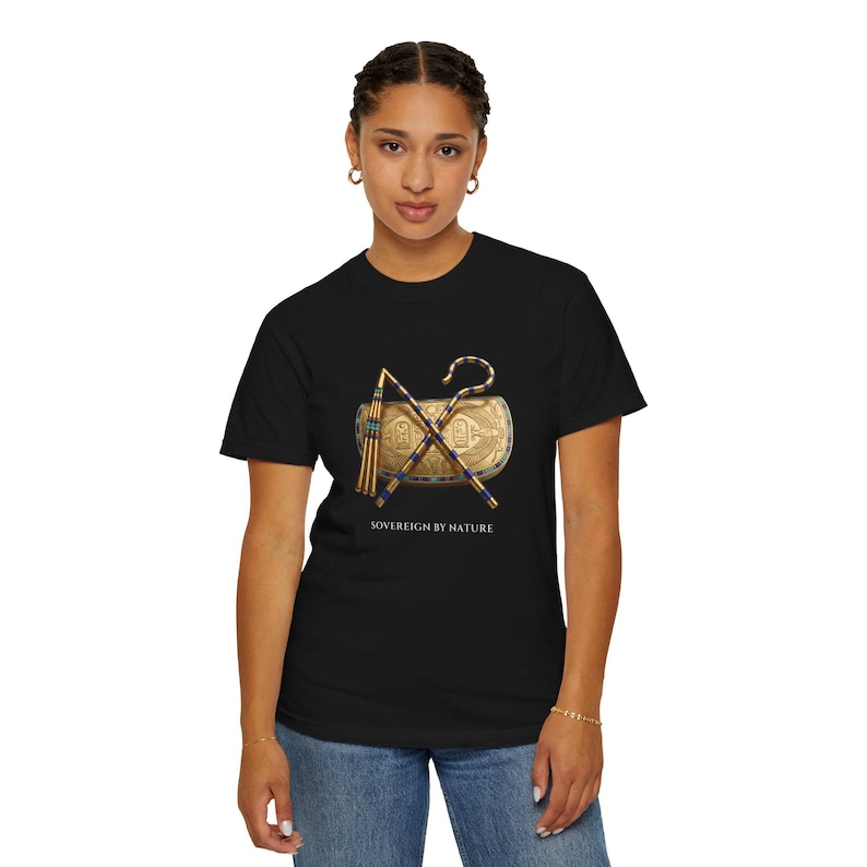 Crook and Flail Sarcophagus T-Shirt, Bronze & Nile Collection, African Art Gift (Garment-Dyed) image 2
