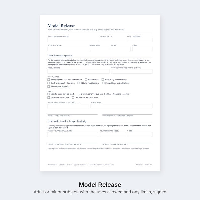 Puede incluir: Un formulario de cesi&oacute;n de derechos de imagen impreso en negro sobre fondo blanco. El documento incluye secciones para datos del fot&oacute;grafo, informaci&oacute;n del modelo, permisos de uso, limitaciones y l&iacute;neas de firma para el modelo y tutor.