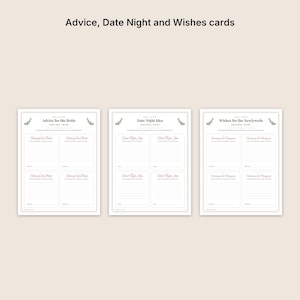 May include: Three white rectangular cards titled Advice for the Bride, Date Night Idea, and Wishes for the Newlyweds. Each card features black text, lined sections for writing, and small green leaf illustrations at the top corners of the page.
