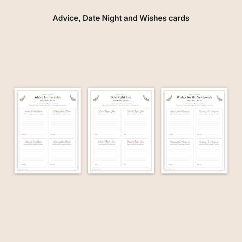 May include: Three white rectangular cards titled Advice for the Bride, Date Night Idea, and Wishes for the Newlyweds. Each card features black text, lined sections for writing, and small green leaf illustrations at the top corners of the page.