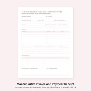 Puede incluir: Un formulario de factura y recibo de pago para maquilladores en color blanco con texto y l&iacute;neas en rosa claro. El documento incluye secciones para datos de la empresa, informaci&oacute;n del cliente, servicios, subtotal, impuestos, anticipo y recibo.