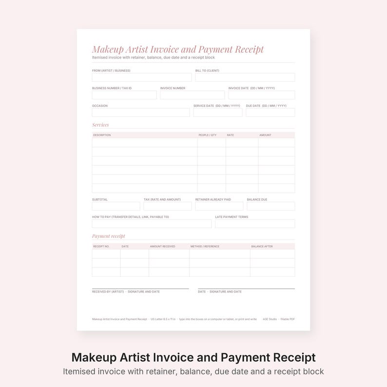Puede incluir: Un formulario de factura y recibo de pago para maquilladores en color blanco con texto y l&iacute;neas en rosa claro. El documento incluye secciones para datos de la empresa, informaci&oacute;n del cliente, servicios, subtotal, impuestos, anticipo y recibo.