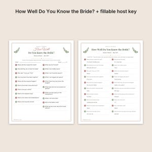 May include: Two white paper bridal shower game sheets titled How Well Do You Know the Bride? featuring green eucalyptus leaf accents. The left sheet contains twenty numbered questions with blank lines, while the right sheet is a filled-in host key.