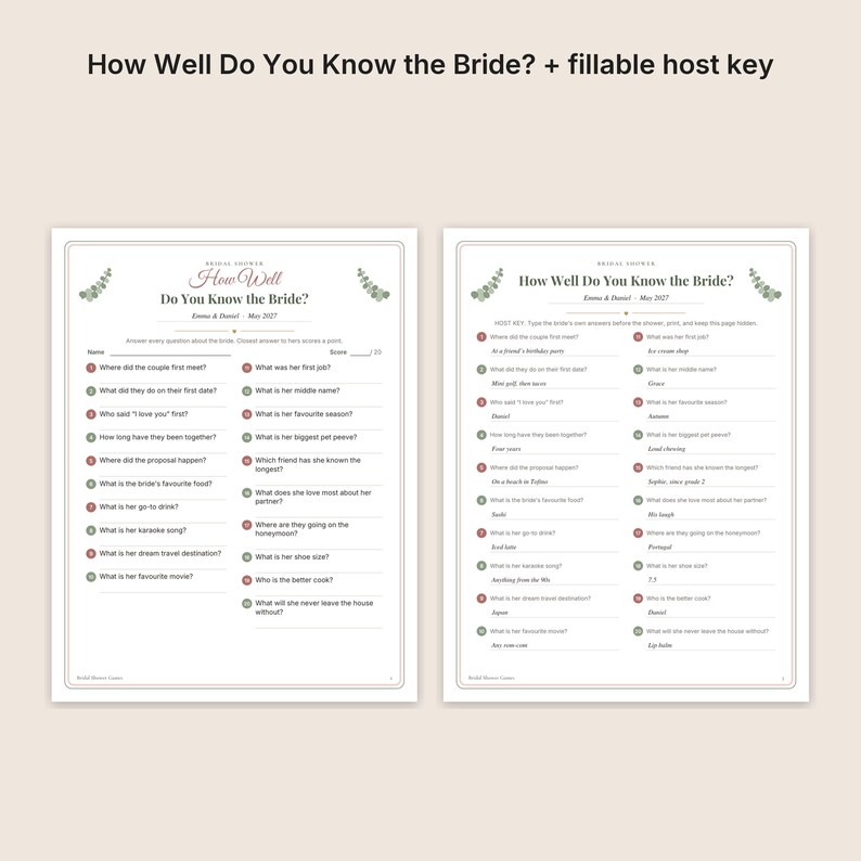 May include: Two white paper bridal shower game sheets titled How Well Do You Know the Bride? featuring green eucalyptus leaf accents. The left sheet contains twenty numbered questions with blank lines, while the right sheet is a filled-in host key.