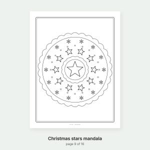 May include: A black and white coloring page featuring a circular mandala design with a central star, surrounded by smaller stars and snowflake-like patterns, all enclosed within a scalloped border and a rectangular frame on a white background.