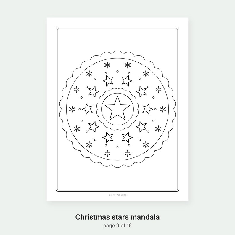 May include: A black and white coloring page featuring a circular mandala design with a central star, surrounded by smaller stars and snowflake-like patterns, all enclosed within a scalloped border and a rectangular frame on a white background.