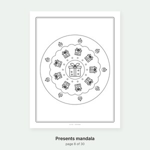 May include: A black and white coloring page featuring a circular mandala design composed of gift boxes with bows and star patterns, surrounded by a scalloped border and small decorative ornaments, with the text 8 of 30 - AZE Studio at the bottom.