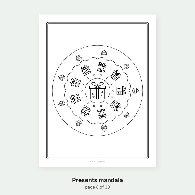 May include: A black and white coloring page featuring a circular mandala design composed of gift boxes with bows and star patterns, surrounded by a scalloped border and small decorative ornaments, with the text 8 of 30 - AZE Studio at the bottom.