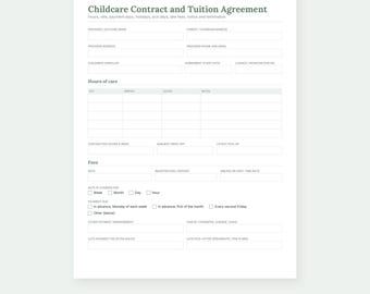Puede incluir: Un formulario blanco de Contrato de Cuidado Infantil y Acuerdo de Matrícula con texto oscuro. Incluye secciones para nombres, horas de cuidado y estructuras de tarifas con casillas de verificación, además de una nota sobre 10 PDF rellenables.