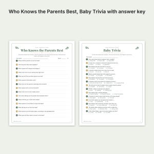 K&ouml;nnte beinhalten: Zwei wei&szlig;e Papierb&ouml;gen mit Babyparty-Spielen unter den Titeln Who Knows the Parents Best und Baby Trivia. Jeder Bogen enth&auml;lt nummerierte Fragen mit Zeilen f&uuml;r Antworten, gr&uuml;ne Blattakzente und Anweisungen zur Auswertung des Spiels.