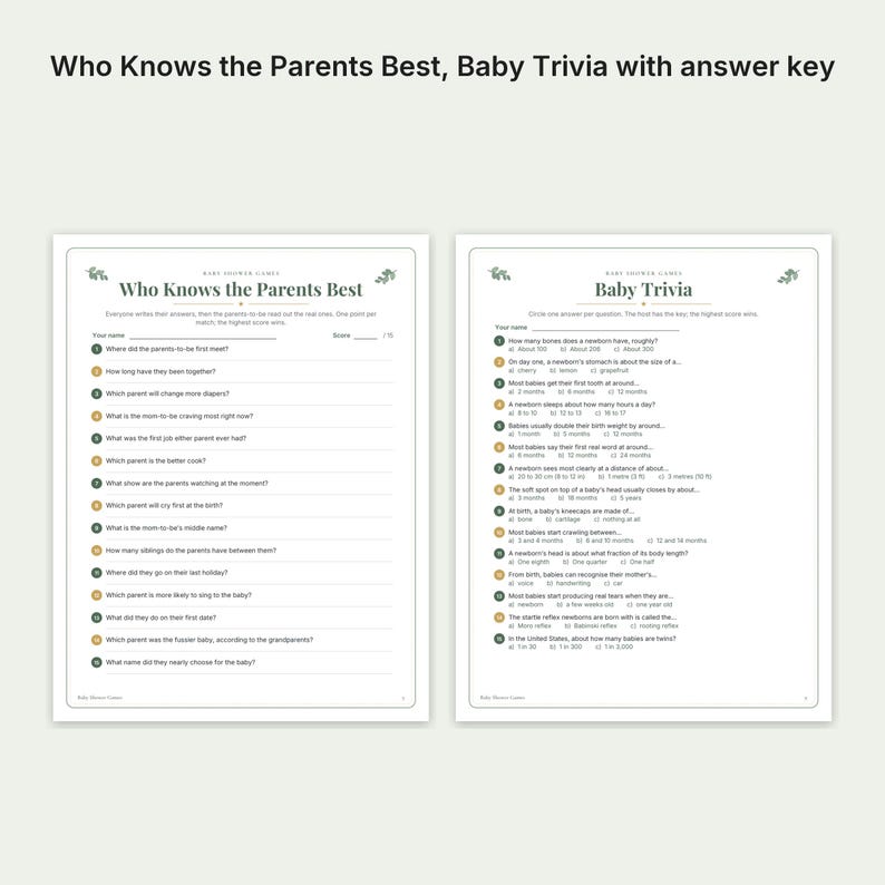 K&ouml;nnte beinhalten: Zwei wei&szlig;e Papierb&ouml;gen mit Babyparty-Spielen unter den Titeln Who Knows the Parents Best und Baby Trivia. Jeder Bogen enth&auml;lt nummerierte Fragen mit Zeilen f&uuml;r Antworten, gr&uuml;ne Blattakzente und Anweisungen zur Auswertung des Spiels.