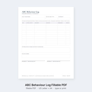Könnte beinhalten: Ein weißes, ausfüllbares ABC Behaviour Log PDF-Dokument mit schwarzem Text. Das Formular enthält Felder für den Namen des Kindes, das Datum und den Erfasser, gefolgt von einer Tabelle für Zeit, Aktivität, Antezedenz, Verhalten, Konsequenz und Intensität.
