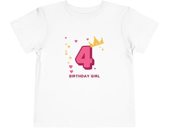 May include: A white short-sleeved t-shirt featuring a graphic of a large pink number 4 with a yellow crown on top. The design includes small pink hearts and yellow stars scattered around the number, with the text BIRTHDAY GIRL printed below.