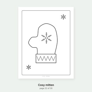 May include: A black and white line art drawing of a single mitten centered on a rectangular page. The mitten features a central snowflake design and a zigzag pattern on the cuff. Two additional small snowflakes are positioned in the corners.
