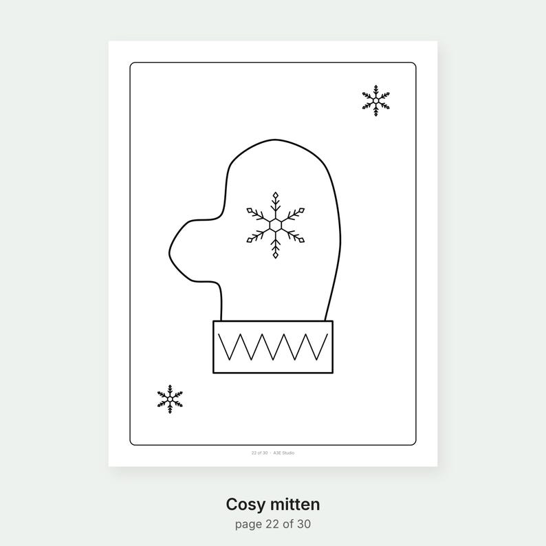 May include: A black and white line art drawing of a single mitten centered on a rectangular page. The mitten features a central snowflake design and a zigzag pattern on the cuff. Two additional small snowflakes are positioned in the corners.
