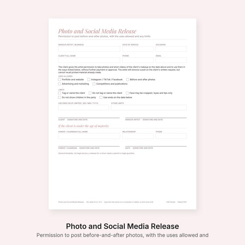 Puede incluir: Un formulario blanco de autorizaci&oacute;n para fotos y redes sociales con texto negro. Incluye campos para el maquillador, datos del cliente, fecha del servicio y casillas de verificaci&oacute;n para permisos de uso, l&iacute;mites y firmas del cliente y tutor.