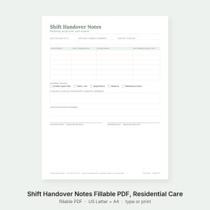May include: A white printable Shift Handover Notes form for residential youth programs. The document includes fields for date, shift, staff names, a table for young person details, checkboxes for incidents, and sections for house notes and signatures.