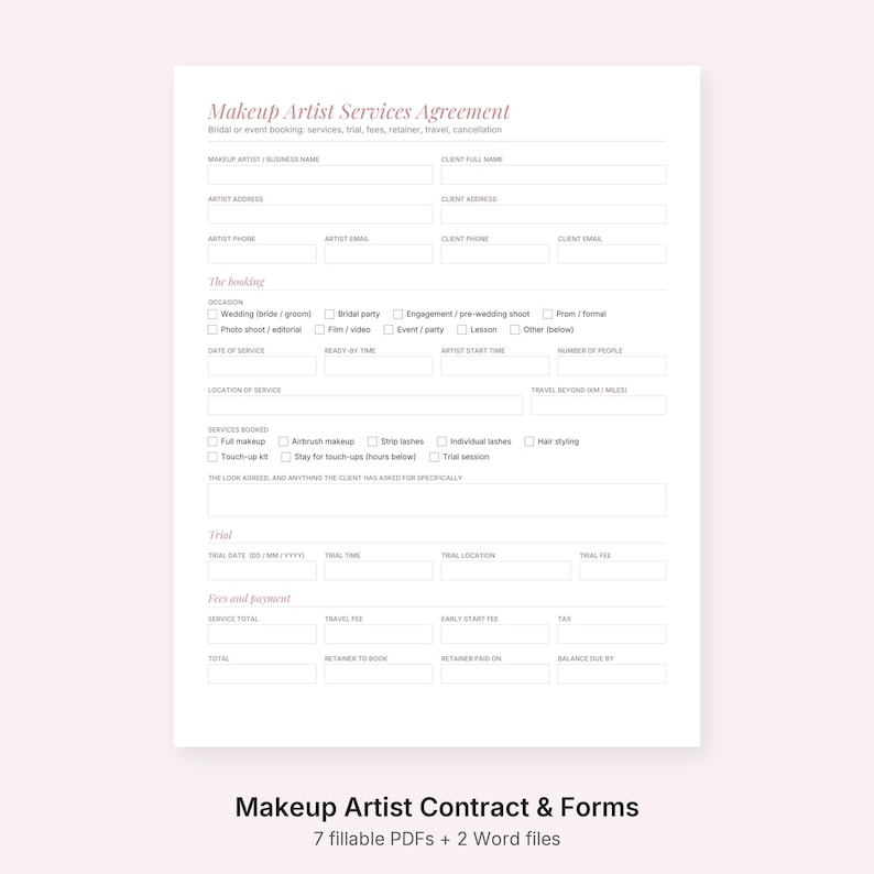 Puede incluir: Un formulario de contrato de servicios de maquillaje en color blanco con texto negro y encabezados en rosa claro. El documento incluye secciones para informaci&oacute;n del cliente y del artista, detalles de reserva, servicios y campos de pago.
