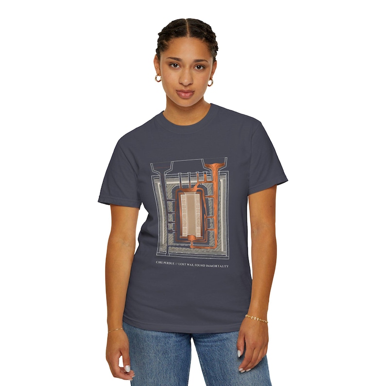 Lost Wax Casting Blueprint T-Shirt, Benin Bronze Art Shirt, Bronze & Nile Collection Tee, Nigerian Heritage Gift, Unisex Garment-Dyed image 1