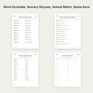 K&ouml;nnte beinhalten: Vier wei&szlig;e, druckbare Aktivit&auml;tsbl&auml;tter f&uuml;r eine Babyparty mit schwarzem Text und goldenen Akzenten. Die Bl&auml;tter enthalten Baby Word Scramble, Finish the Nursery Rhyme, Baby Animal Match und Baby Name Race mit verschiedenen Schreibzeilen.