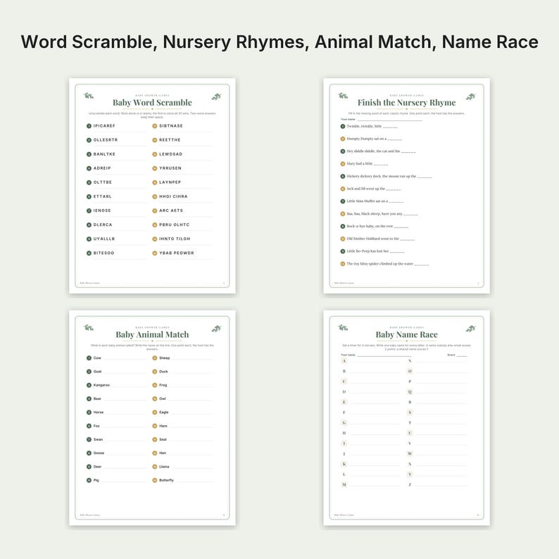 K&ouml;nnte beinhalten: Vier wei&szlig;e, druckbare Aktivit&auml;tsbl&auml;tter f&uuml;r eine Babyparty mit schwarzem Text und goldenen Akzenten. Die Bl&auml;tter enthalten Baby Word Scramble, Finish the Nursery Rhyme, Baby Animal Match und Baby Name Race mit verschiedenen Schreibzeilen.