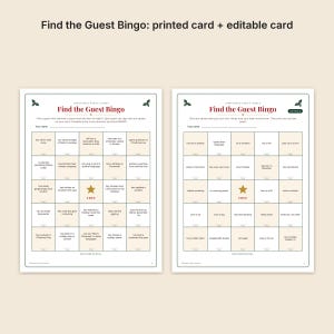 May include: Two Find the Guest Bingo game cards for Christmas parties. Each card features a five-by-five grid with text prompts in beige squares, a central gold star labeled FREE, and green holly accents. The text includes Find the Guest Bingo.