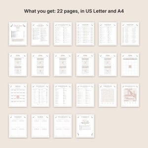 May include: A collection of 22 printable bridal shower game sheets featuring black text on white paper. The set includes various activities like word searches, bingo, and advice cards, with the header text stating: What you get: 22 pages, in US Letter and A4.