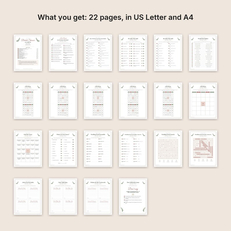 May include: A collection of 22 printable bridal shower game sheets featuring black text on white paper. The set includes various activities like word searches, bingo, and advice cards, with the header text stating: What you get: 22 pages, in US Letter and A4.