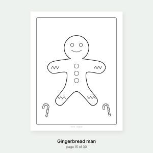 May include: A black and white coloring page featuring a central gingerbread man character with a smiling face, three circular buttons on the torso, and zigzag patterns on the limbs, flanked by two small candy canes at the bottom corners.