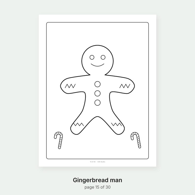 May include: A black and white coloring page featuring a central gingerbread man character with a smiling face, three circular buttons on the torso, and zigzag patterns on the limbs, flanked by two small candy canes at the bottom corners.