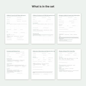 May include: A set of six white childcare forms with black text, titled: Childcare Contract and Tuition Agreement, Childcare Enrolment and Child Information Form, Emergency Medical Consent and Authorisation, Permission and Release Form, Medication Authorisation and Administration Log, and Allergy and Special Diet Action Plan.