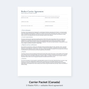 Op de afbeelding: Een wit document getiteld Broker-Carrier Agreement Master agreement template (Canada) met lege velden voor wettelijke namen, licentienummers en datums, gevolgd door vijf genummerde secties met details over partijen, vertegenwoordigingen en verzekeringen.