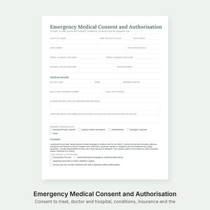 May include: A white Emergency Medical Consent and Authorisation form with dark grey text. The document includes fields for child information, parent contact details, medical history, insurance, and a signed consent section for emergency care.