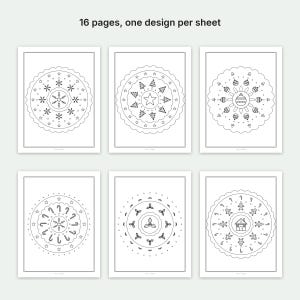 May include: A set of 16 coloring pages, each featuring a unique circular holiday design on a single sheet. The black and white line art includes patterns of snowflakes, Christmas trees, ornaments, candy canes, holly, and gingerbread houses.