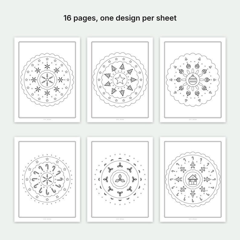 May include: A set of 16 coloring pages, each featuring a unique circular holiday design on a single sheet. The black and white line art includes patterns of snowflakes, Christmas trees, ornaments, candy canes, holly, and gingerbread houses.